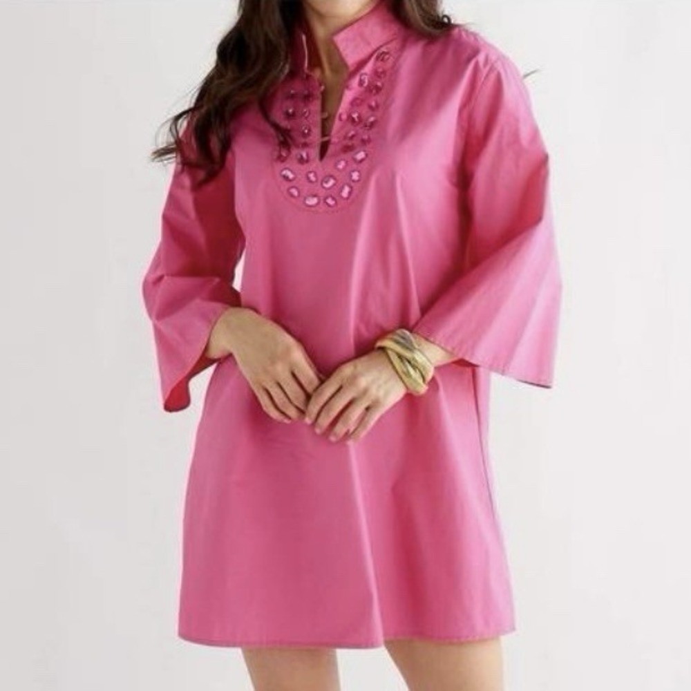 Caryn Lawn Rosemary Dress Gemstone Embellished Poplin‎ Shirt Tunic Dress O/S NWT